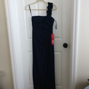 One shoulder dark navy evening dress